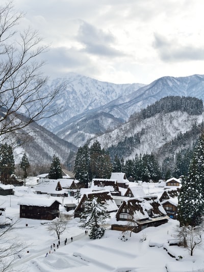 白天，山附近雪地上的房子